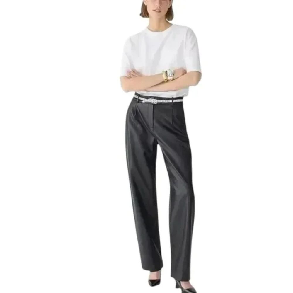 J.Crew Faux Leather Straight Leg Pants Black Pleated Size 12 NWT